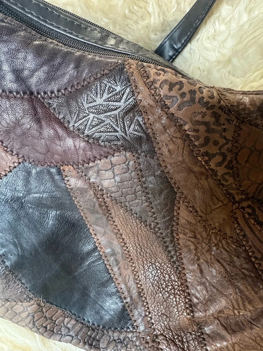 Vintage 70s Leather Patchwork Shoulder Bag Boho Multi Textured Earth Tone Purse